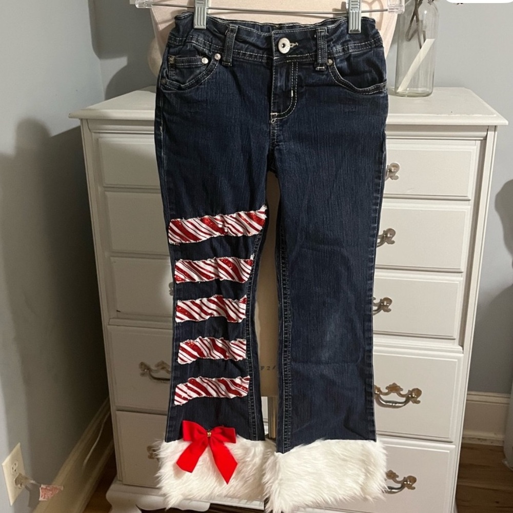 Christmas Jeans Candy Cane Stripe Adjustable Waist Girls 8 Slim Lei Custom